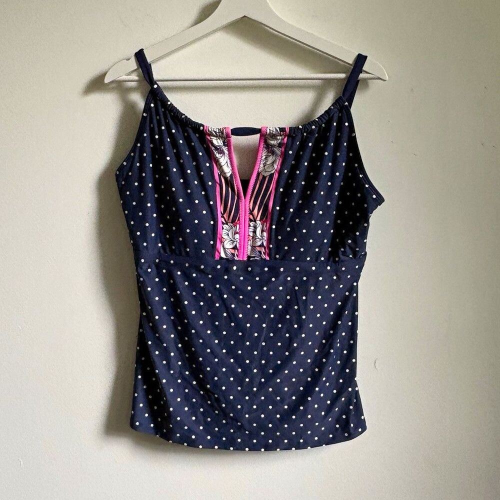 Beach House Blair Tankini Swim Top 12 Navy White Polka Dot Lined Stretch nautica